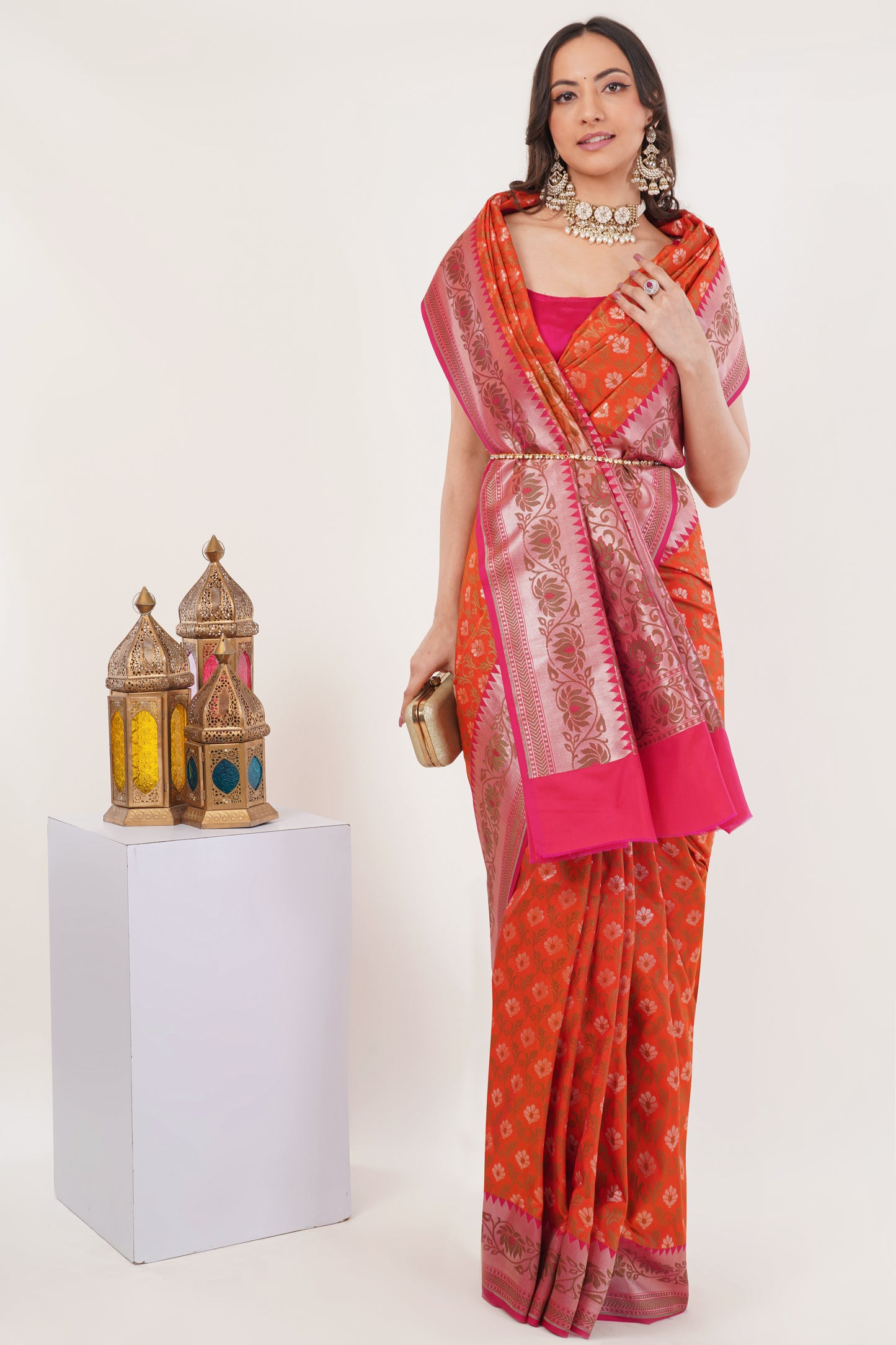 Coral Orange Handwoven Pure Banarasi Silk Saree with Pink Border – Geometric Floral Zari Motifs