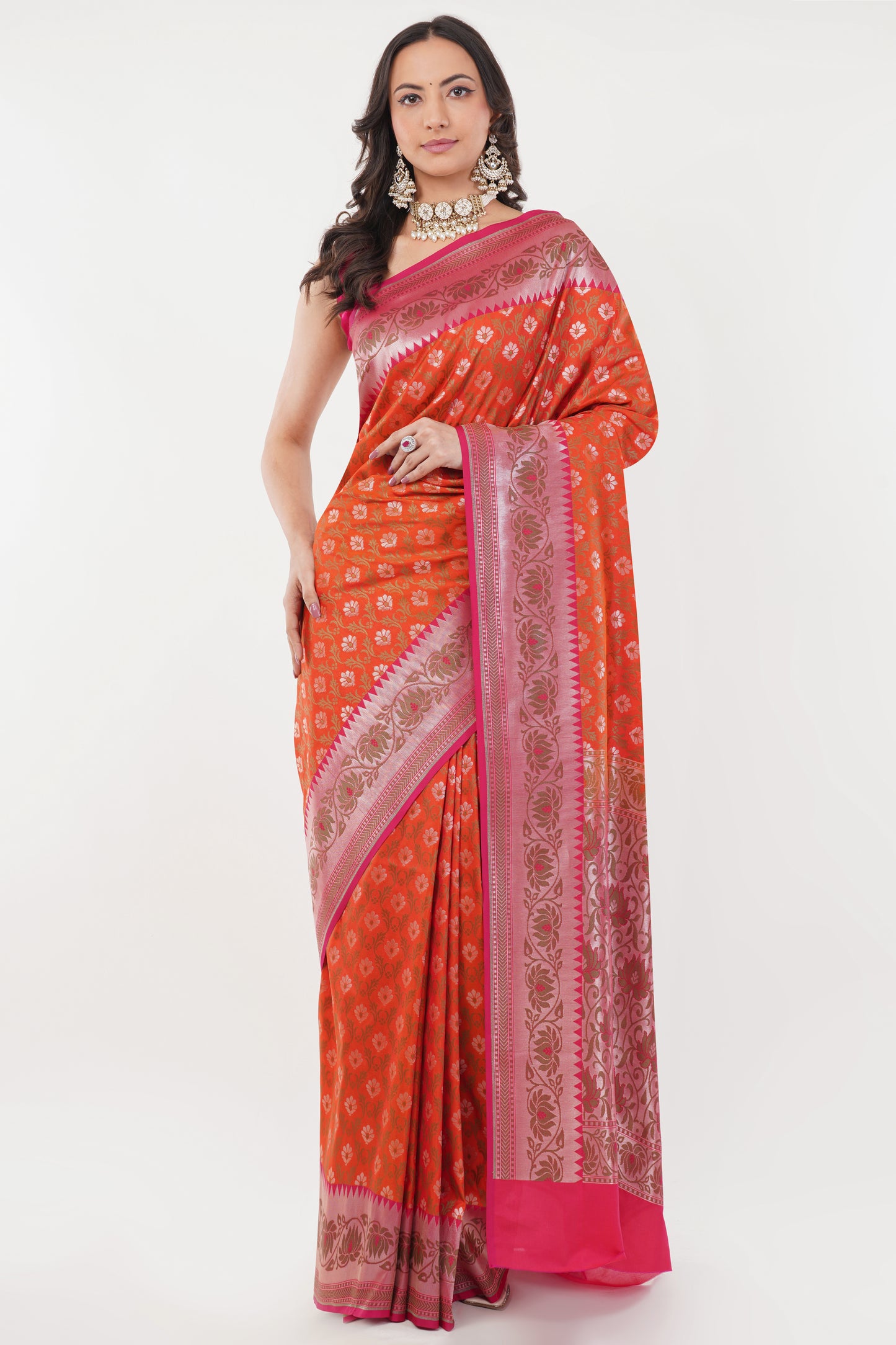 Coral Orange Handwoven Pure Banarasi Silk Saree with Pink Border – Geometric Floral Zari Motifs