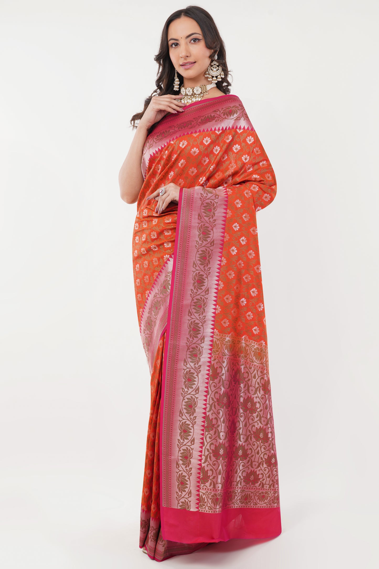 Coral Orange Handwoven Pure Banarasi Silk Saree with Pink Border – Geometric Floral Zari Motifs