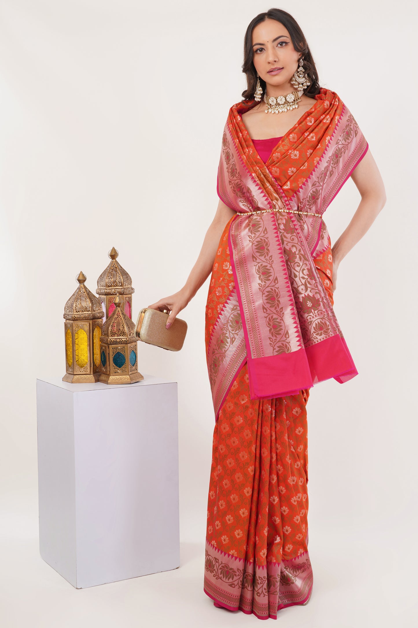 Coral Orange Handwoven Pure Banarasi Silk Saree with Pink Border – Geometric Floral Zari Motifs