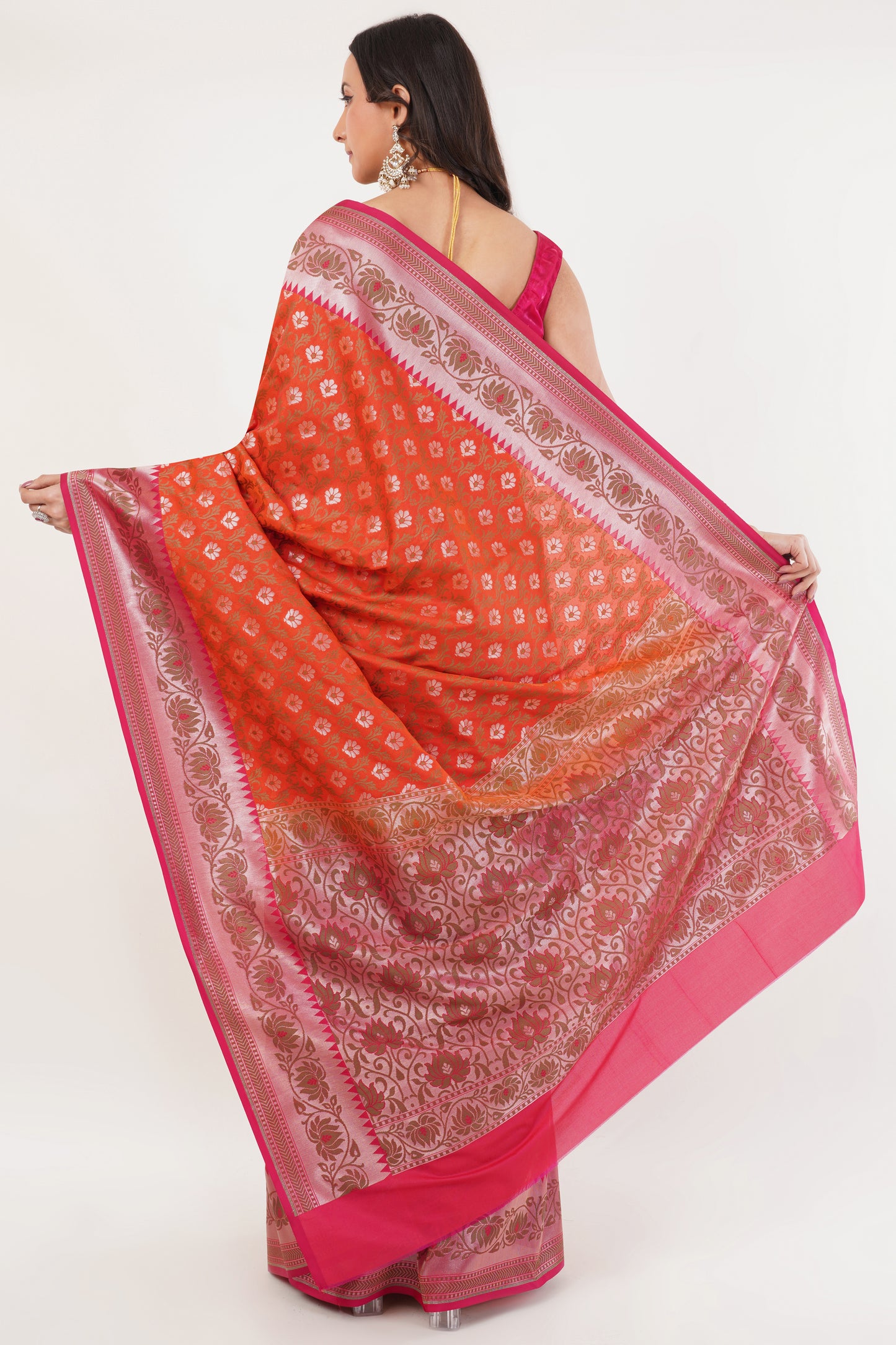 Coral Orange Handwoven Pure Banarasi Silk Saree with Pink Border – Geometric Floral Zari Motifs