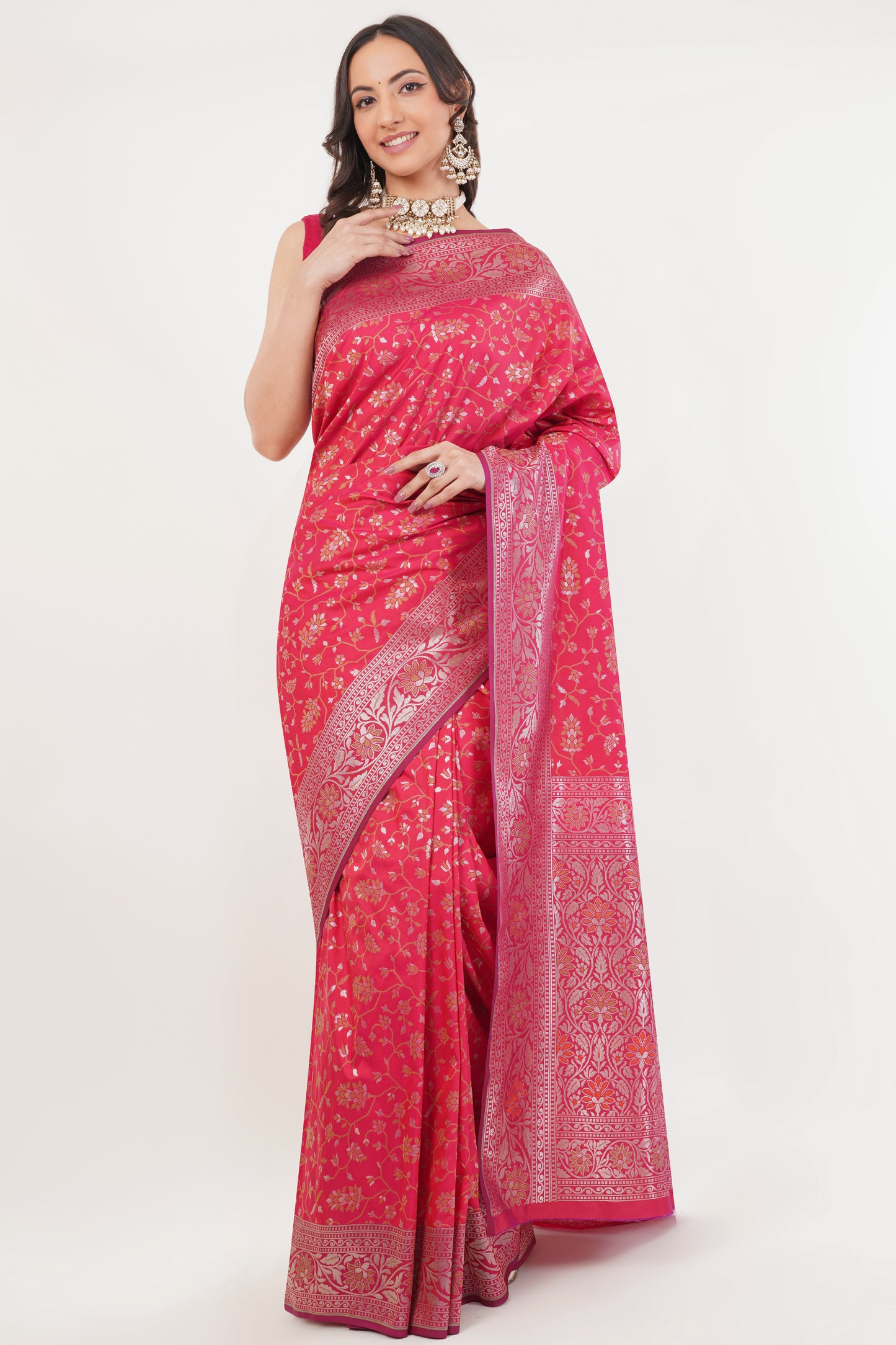 Rani Pink Handwoven Pure Banarasi Silk Saree – Floral Zari Weave with Traditional Border