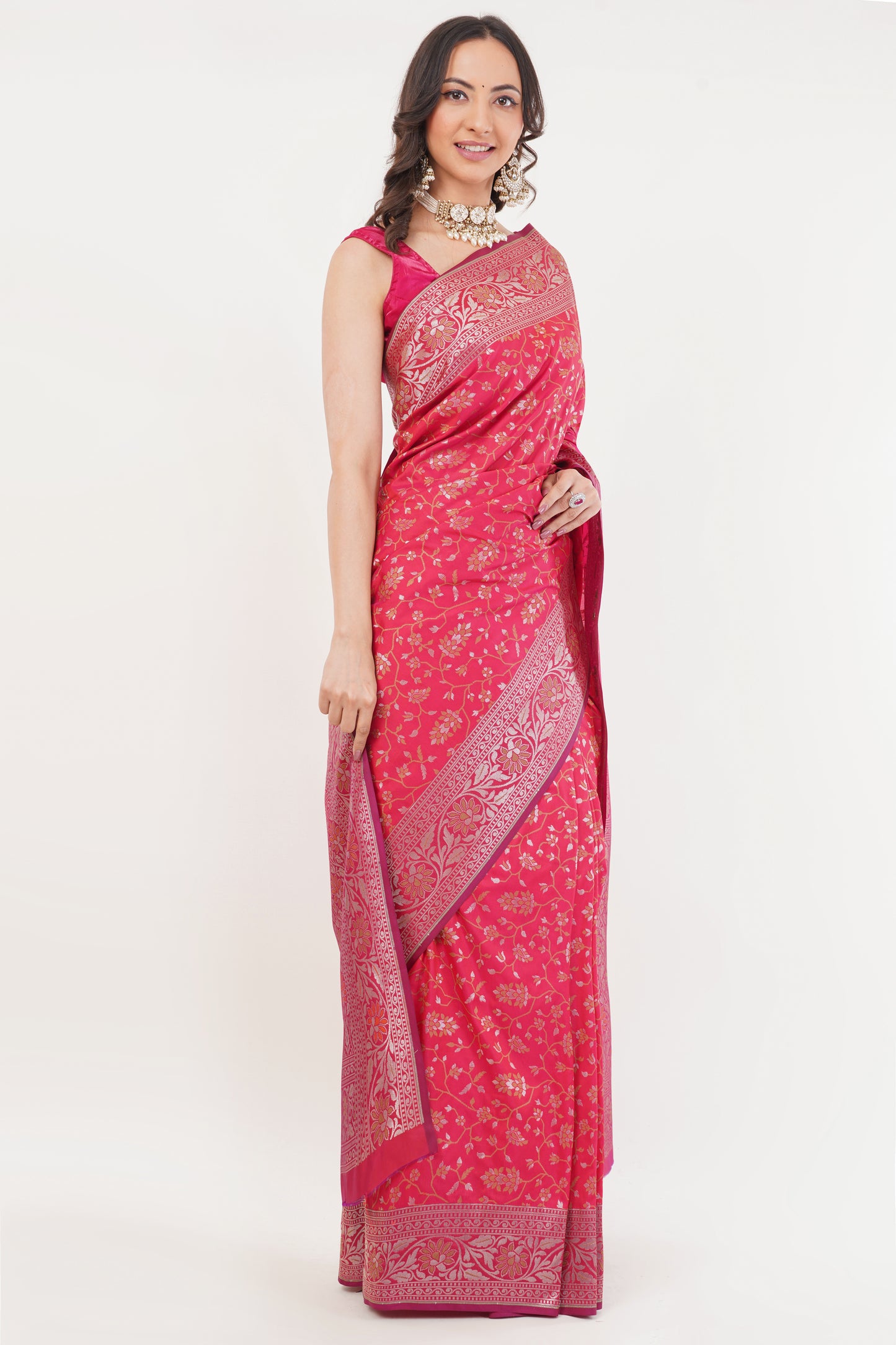 Rani Pink Handwoven Pure Banarasi Silk Saree – Floral Zari Weave with Traditional Border