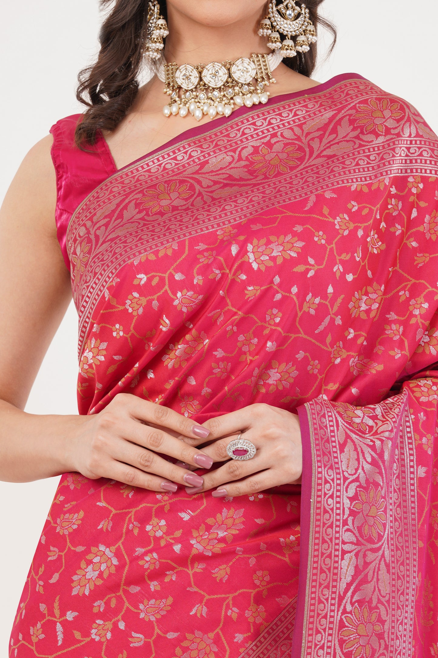 Rani Pink Handwoven Pure Banarasi Silk Saree – Floral Zari Weave with Traditional Border