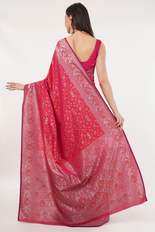 Rani Pink Handwoven Pure Banarasi Silk Saree – Floral Zari Weave with Traditional Border