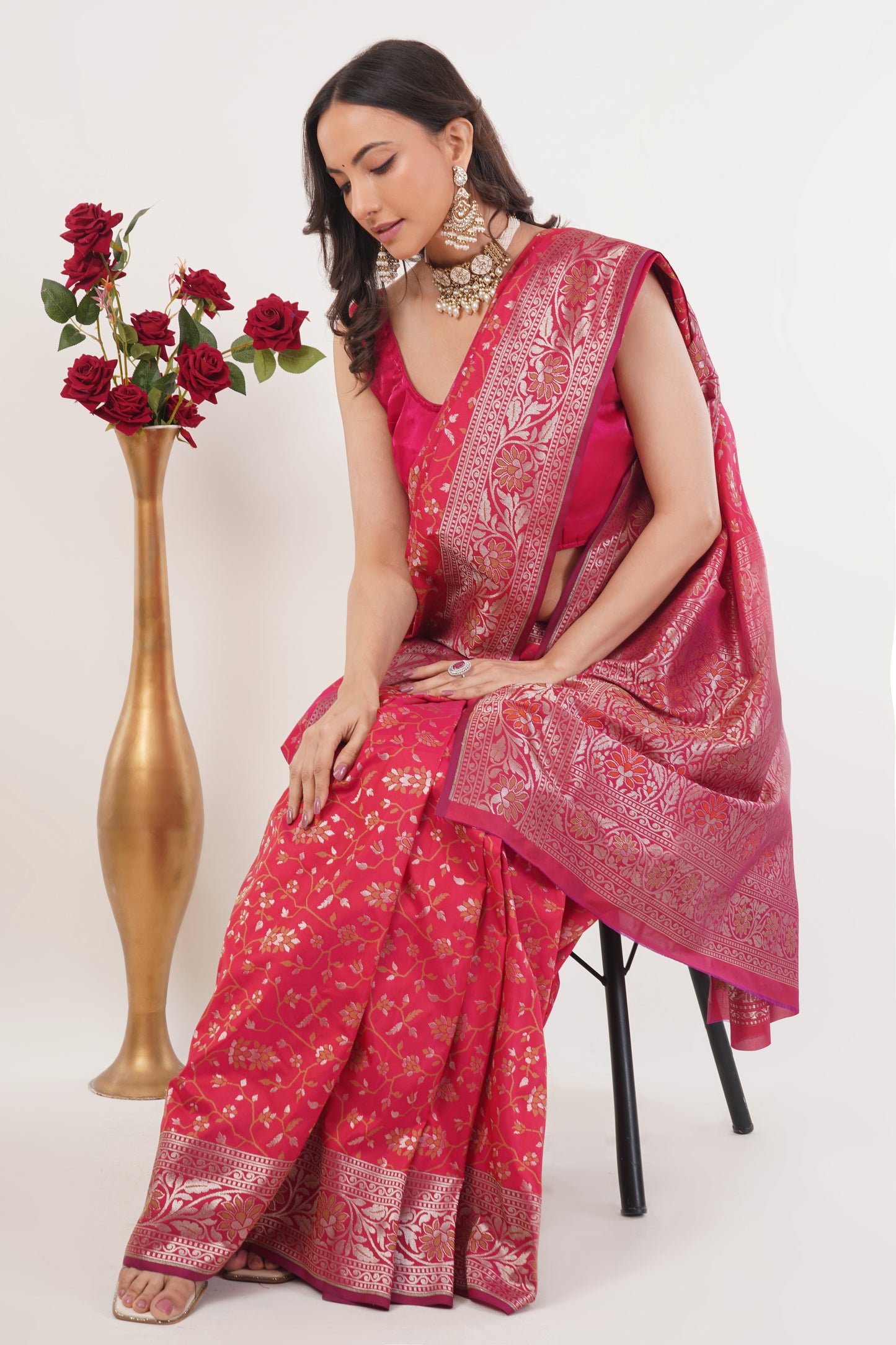 Rani Pink Handwoven Pure Banarasi Silk Saree – Floral Zari Weave with Traditional Border