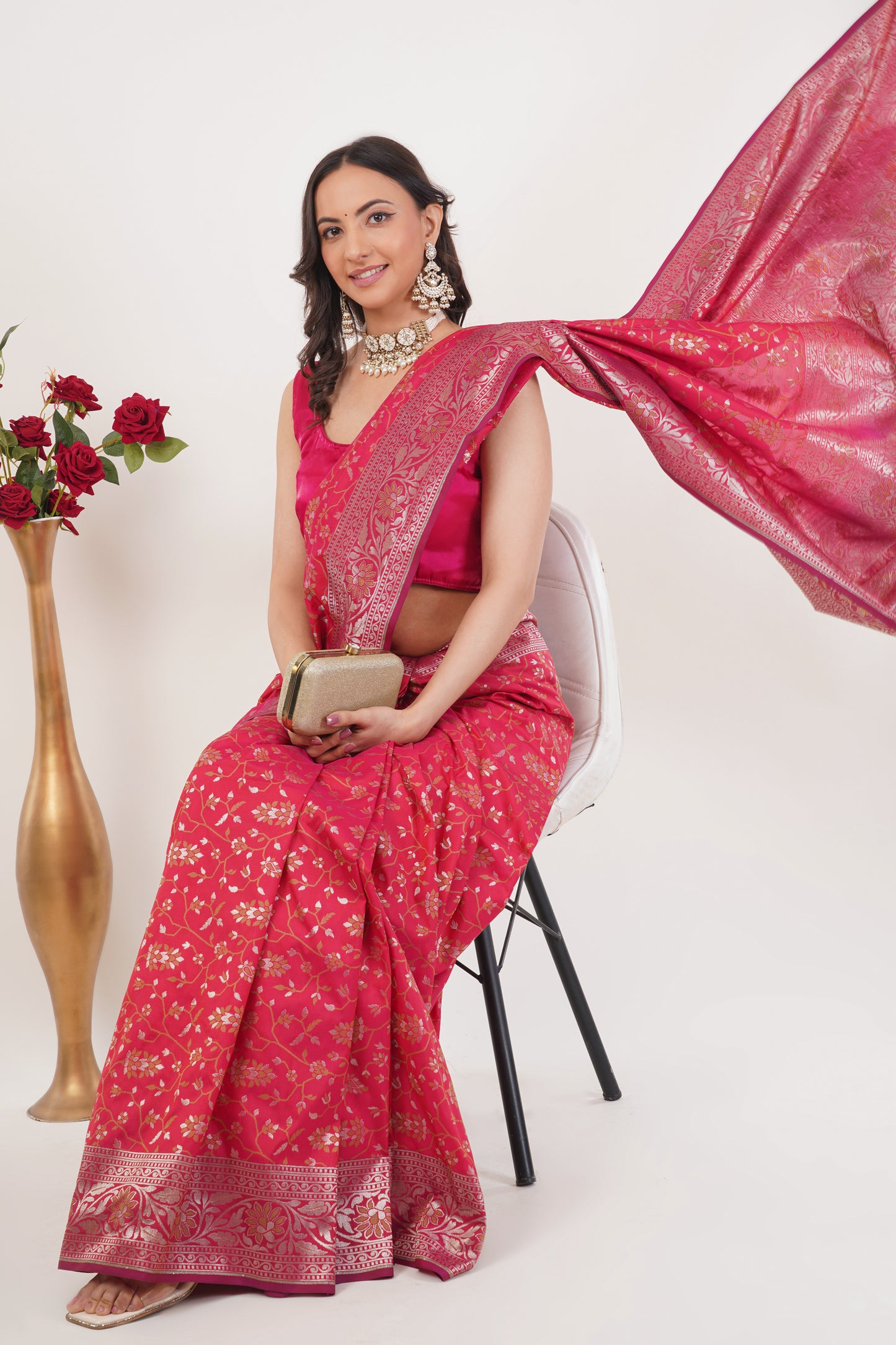 Rani Pink Handwoven Pure Banarasi Silk Saree – Floral Zari Weave with Traditional Border