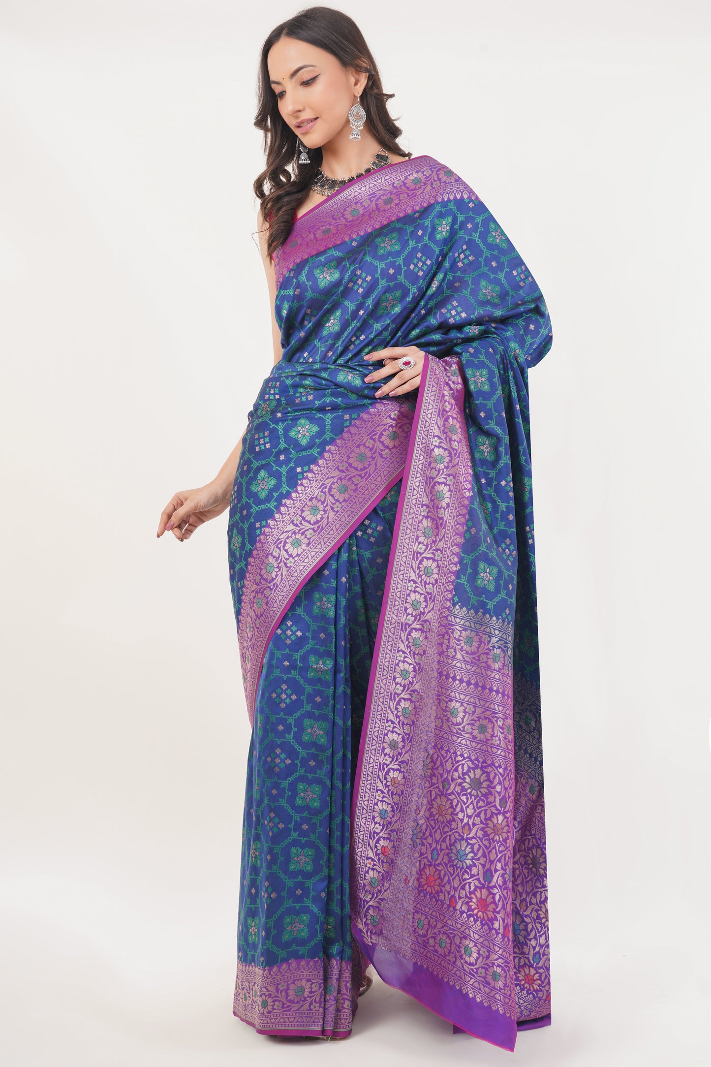 Royal Blue Handwoven Pure Banarasi Silk Saree with Purple Border – Geometric Floral Zari Weave