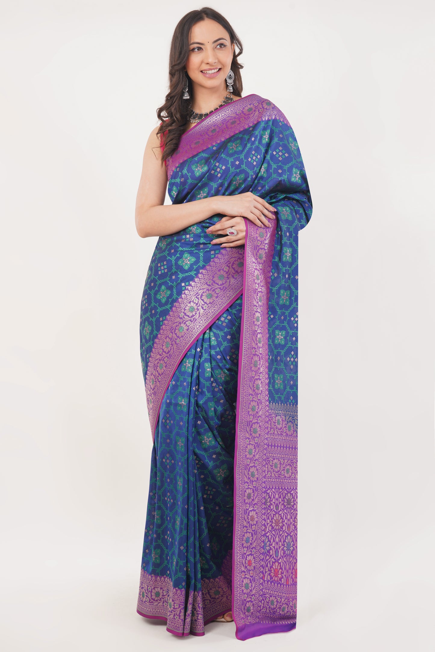 Royal Blue Handwoven Pure Banarasi Silk Saree with Purple Border – Geometric Floral Zari Weave