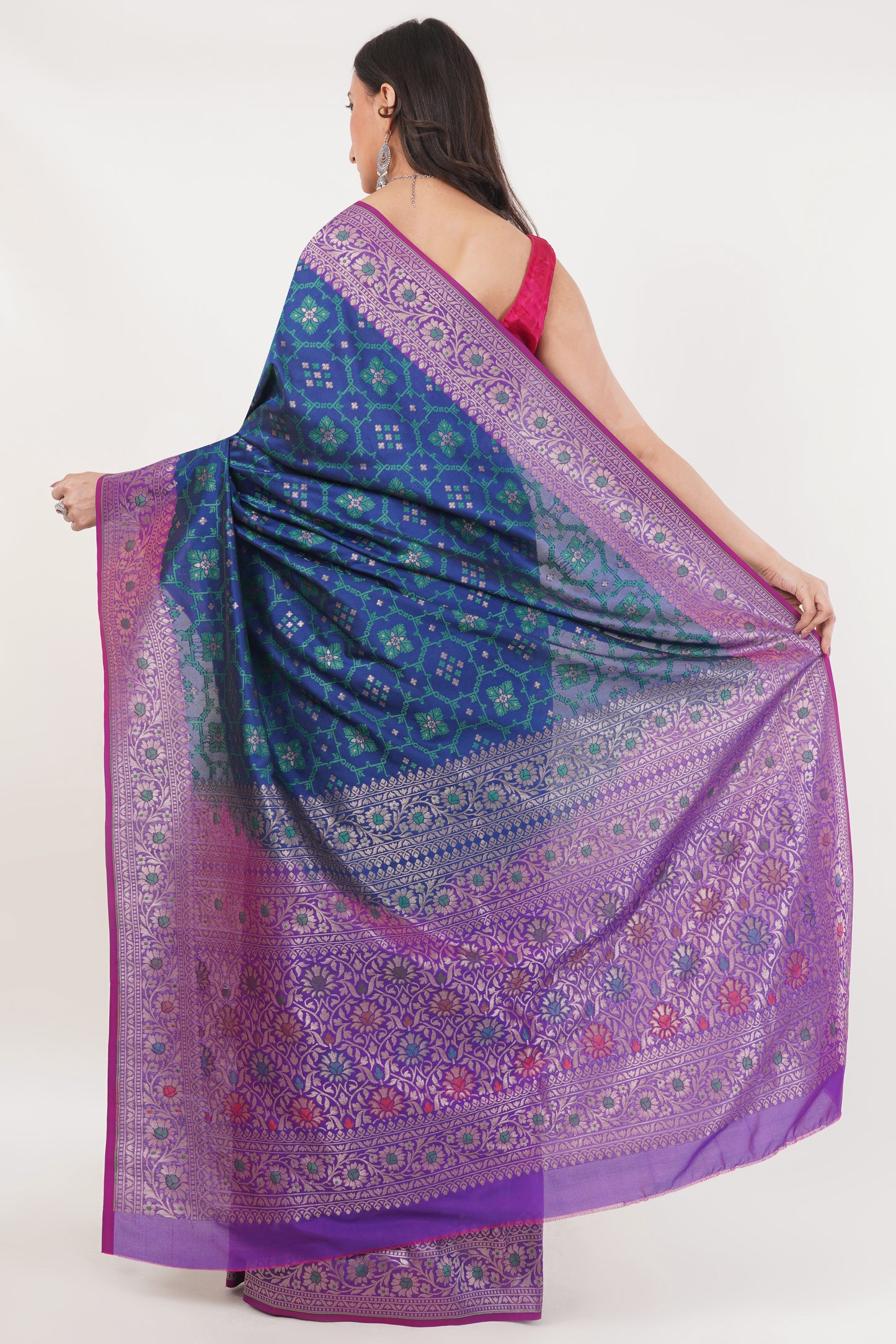Royal Blue Handwoven Pure Banarasi Silk Saree with Purple Border – Geometric Floral Zari Weave