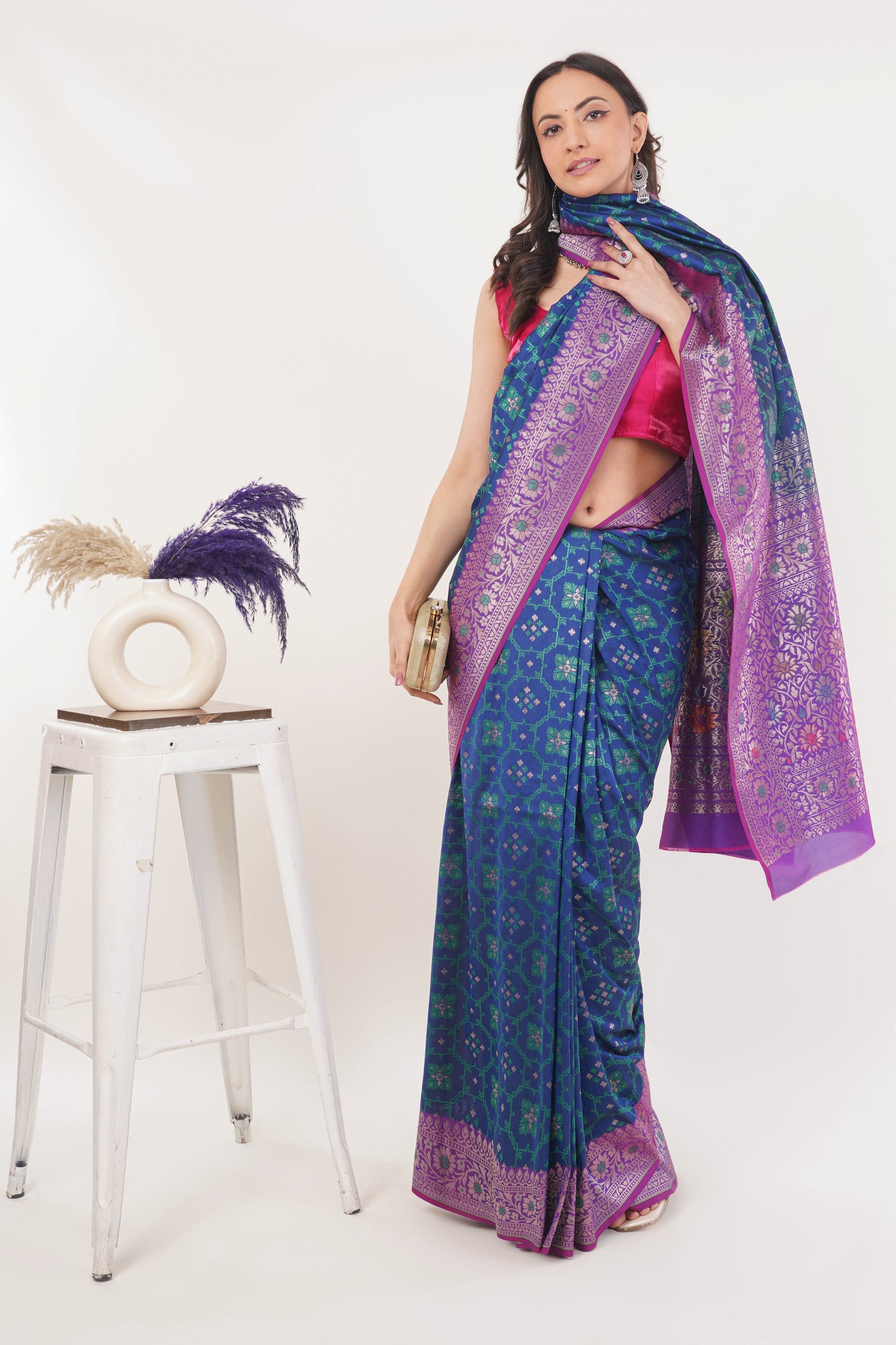 Royal Blue Handwoven Pure Banarasi Silk Saree with Purple Border – Geometric Floral Zari Weave