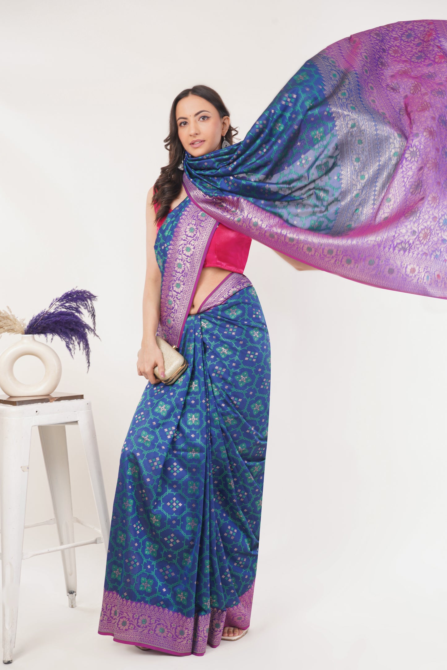 Royal Blue Handwoven Pure Banarasi Silk Saree with Purple Border – Geometric Floral Zari Weave