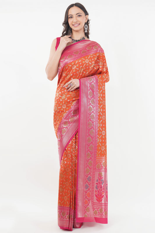 Orange Handwoven Pure Banarasi Silk Saree with Pink Border – Intricate Floral Zari Weave