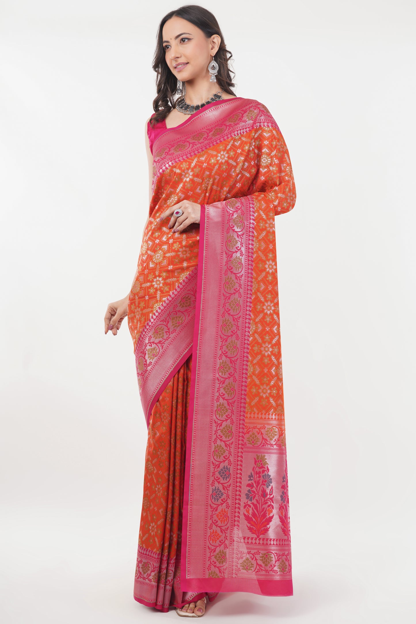 Orange Handwoven Pure Banarasi Silk Saree with Pink Border – Intricate Floral Zari Weave