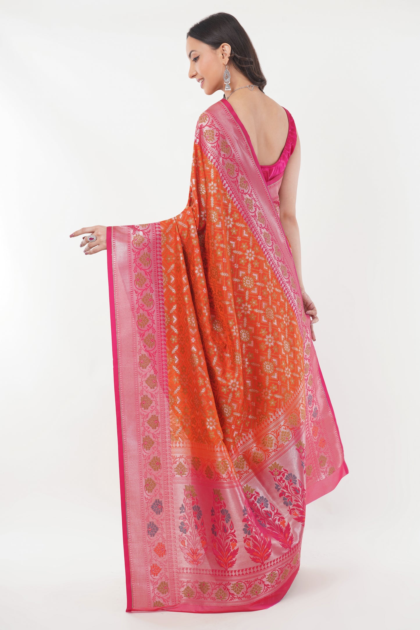 Orange Handwoven Pure Banarasi Silk Saree with Pink Border – Intricate Floral Zari Weave