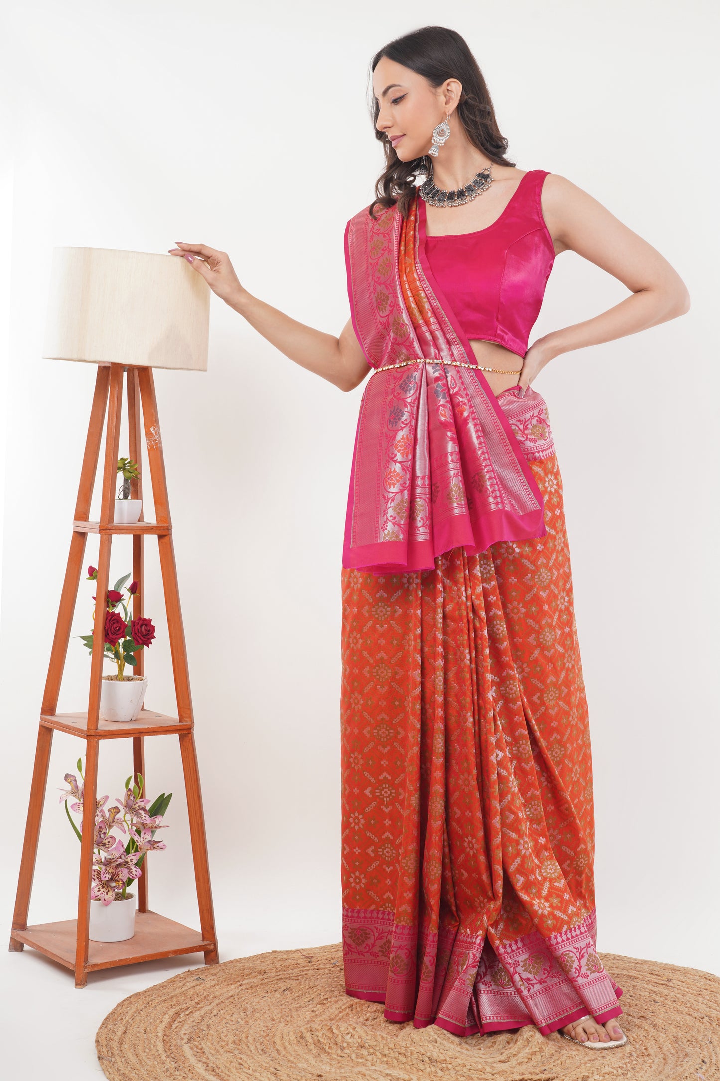 Orange Handwoven Pure Banarasi Silk Saree with Pink Border – Intricate Floral Zari Weave