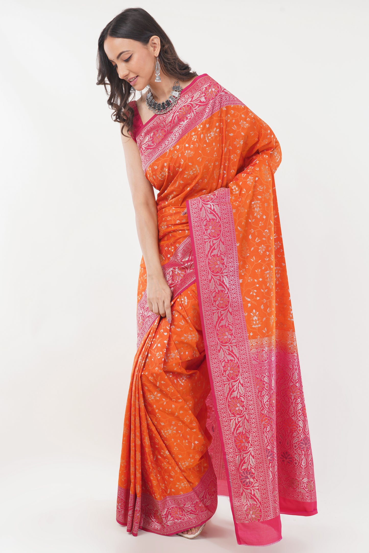 Coral Orange Handwoven Pure Banarasi Silk Saree with Pink Border – Floral Vine Zari Motifs