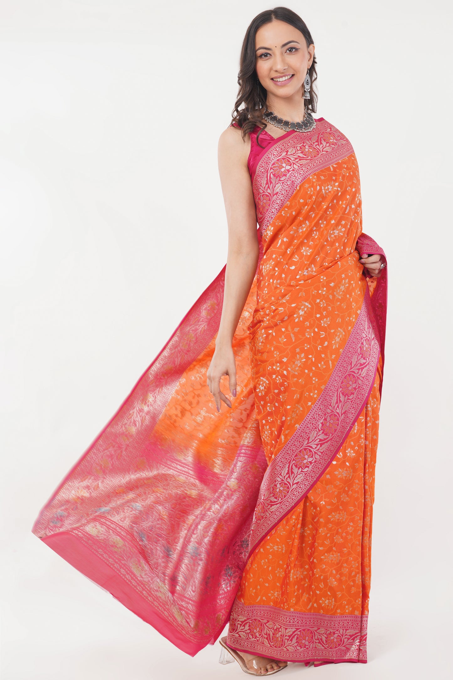Coral Orange Handwoven Pure Banarasi Silk Saree with Pink Border – Floral Vine Zari Motifs