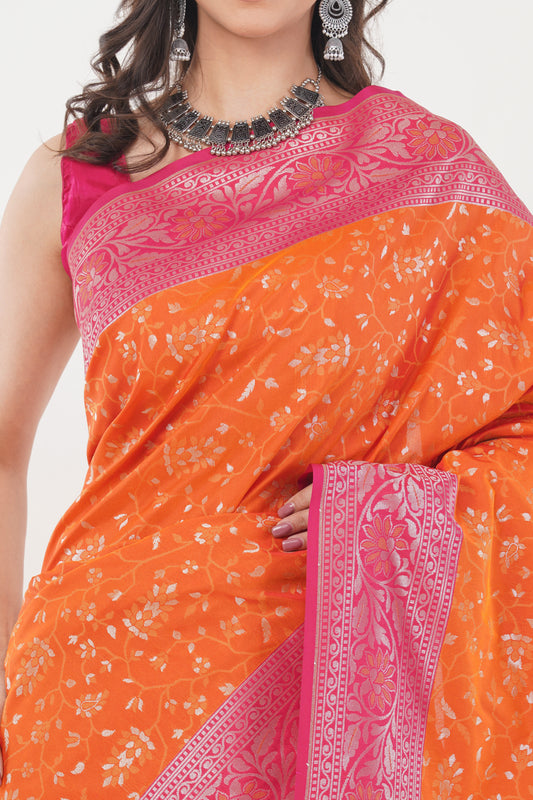Coral Orange Handwoven Pure Banarasi Silk Saree with Pink Border – Floral Vine Zari Motifs