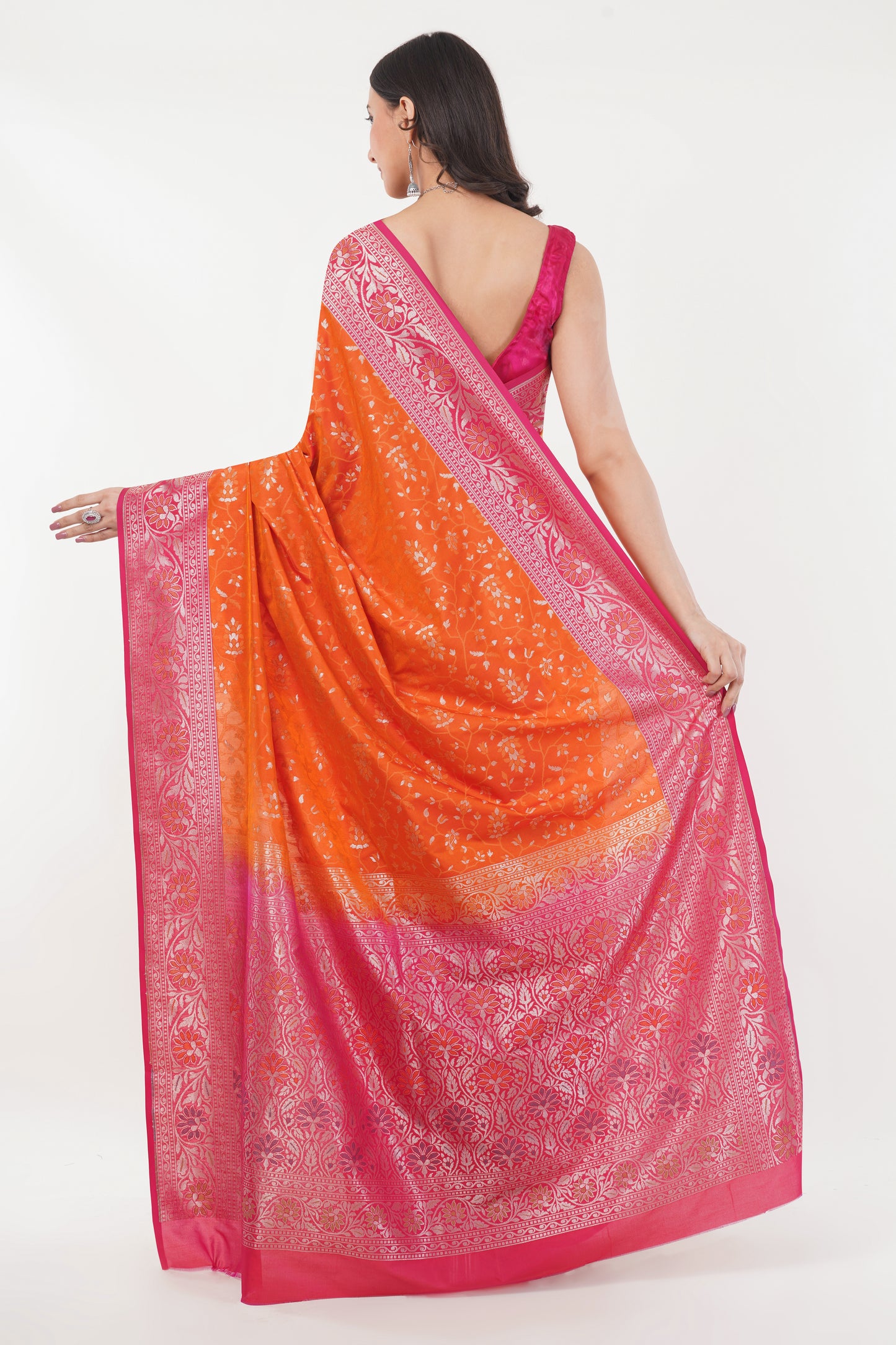 Coral Orange Handwoven Pure Banarasi Silk Saree with Pink Border – Floral Vine Zari Motifs