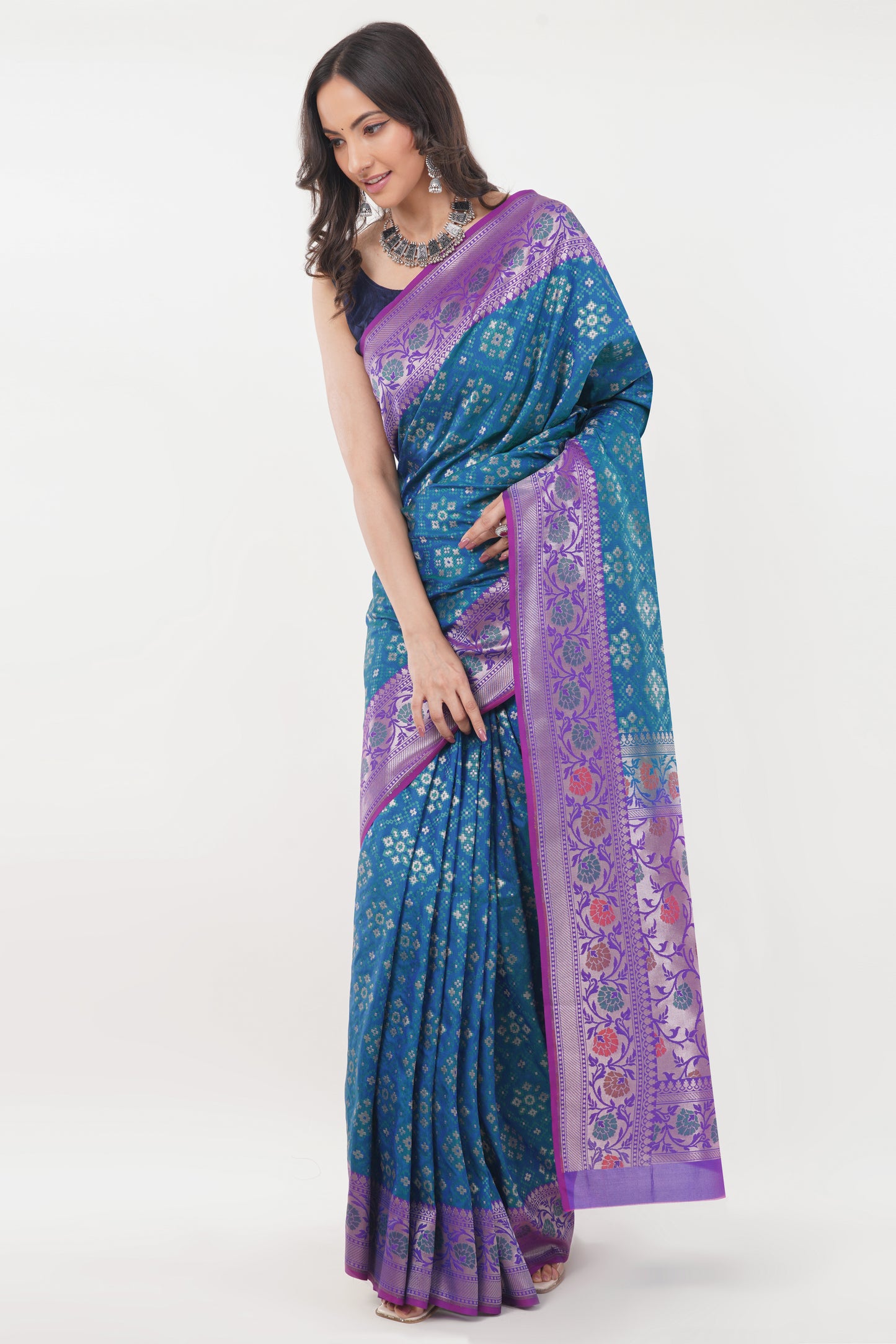Teal Blue Handwoven Pure Banarasi Silk Saree with Purple Border – Geometric Floral Zari Weave