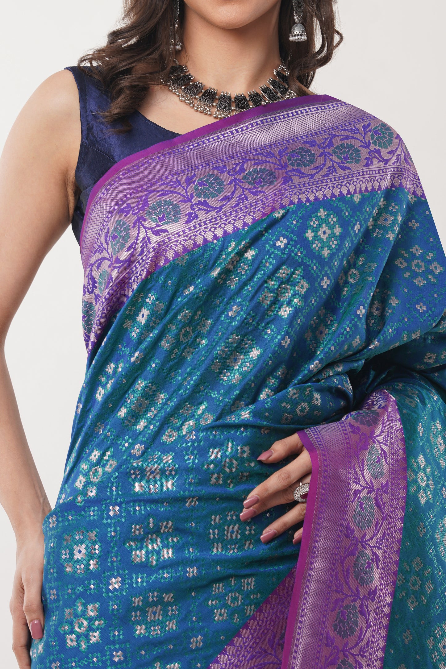 Teal Blue Handwoven Pure Banarasi Silk Saree with Purple Border – Geometric Floral Zari Weave
