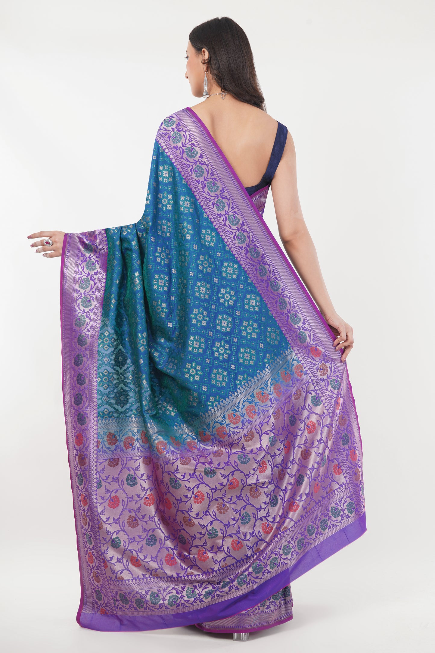 Teal Blue Handwoven Pure Banarasi Silk Saree with Purple Border – Geometric Floral Zari Weave