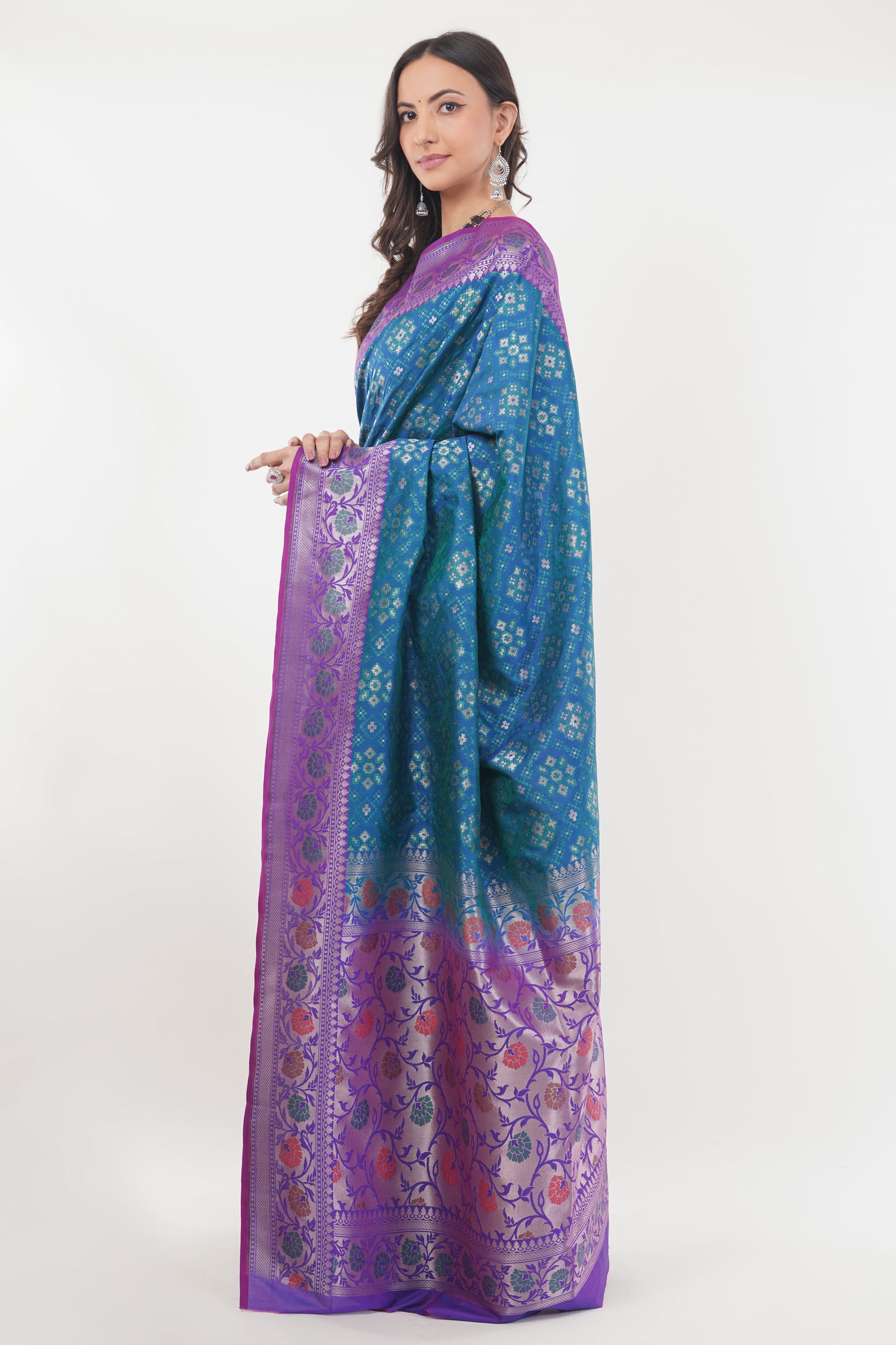 Teal Blue Handwoven Pure Banarasi Silk Saree with Purple Border – Geometric Floral Zari Weave