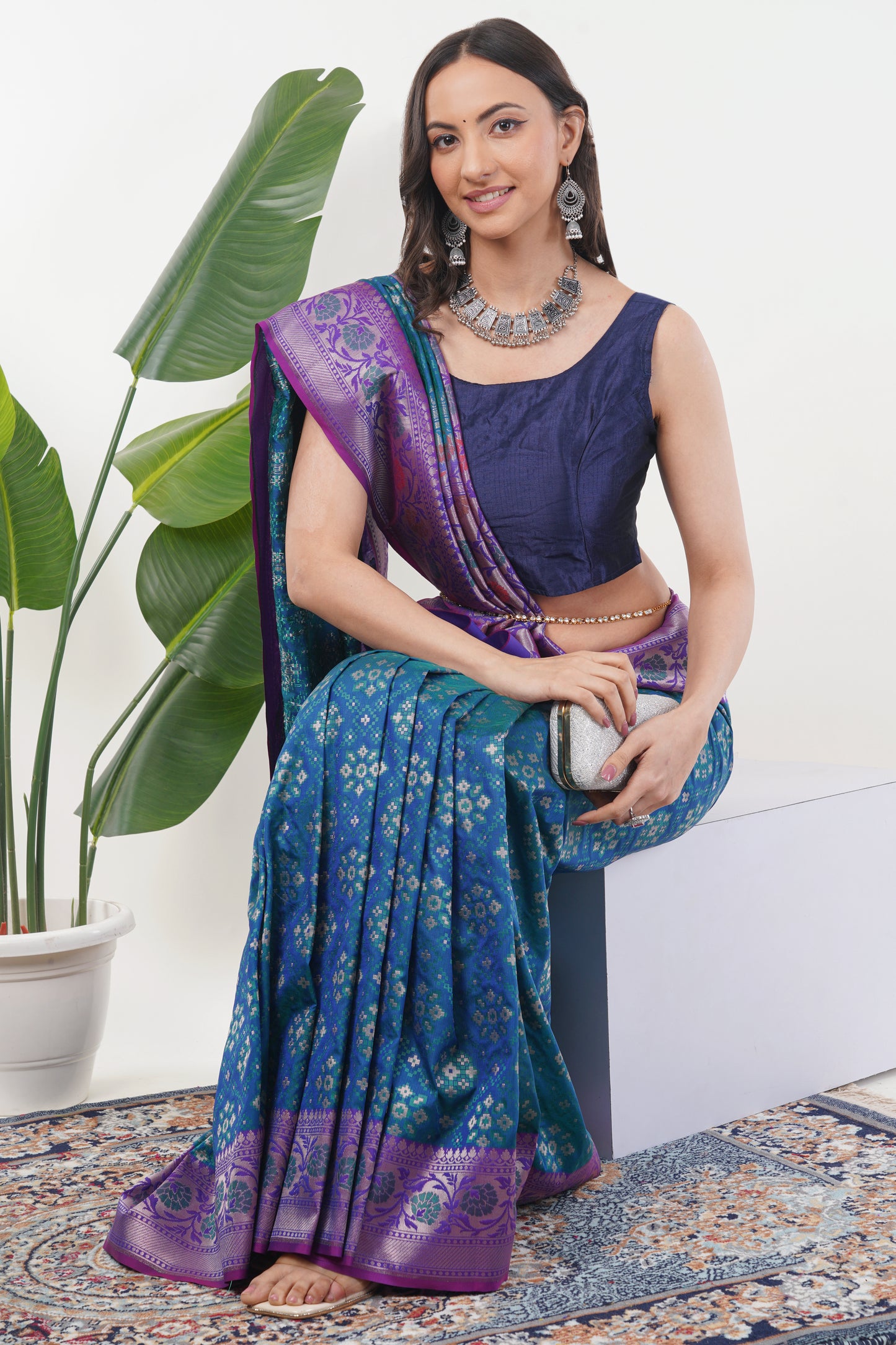 Teal Blue Handwoven Pure Banarasi Silk Saree with Purple Border – Geometric Floral Zari Weave